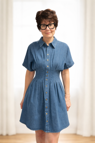 Galilea Pleated Denim Mini Dress - Denim-Dresses & RompersBelle Stripe Soft Brushed Top – Denim Blue Combo | VerClare Boutique | Jenison MI -This Pleated Denim Mini Dress is a beautiful structured denim woven button-front mini dress featuring a classic collared neckline, short dolman sleeves, and front and back pleat detailing that defines the waist. Free US shipping from VerClare Boutique.-VerClare Boutique