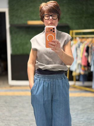 Danae Pinstripe Wide Leg Pants - Lt Denim-BottomsBelle Stripe Soft Brushed Top – Denim Blue Combo | VerClare Boutique | Chenoa, IL-Soft brushed striped top in a denim blue combo with a relaxed, cozy feel. Easy everyday layering piece with timeless style. Free US shipping from VerClare Boutique.-VerClare Boutique