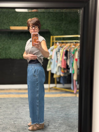 Danae Pinstripe Wide Leg Pants - Lt Denim-BottomsBelle Stripe Soft Brushed Top – Denim Blue Combo | VerClare Boutique | Chenoa, IL-Soft brushed striped top in a denim blue combo with a relaxed, cozy feel. Easy everyday layering piece with timeless style. Free US shipping from VerClare Boutique.-VerClare Boutique