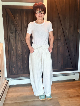 Jessie Cotton French Terry Barrel Leg Pants - Cloud Mist-BottomsJessie Barrel Leg Pants - Cloud Mist | VerClare Boutique-Shop the Jessie Cotton French Terry Barrel Leg Pants in Cloud Mist. Baggy barrel leg, elastic drawstring waist, front pockets, 85% cotton. Sizes S–L.-VerClare Boutique