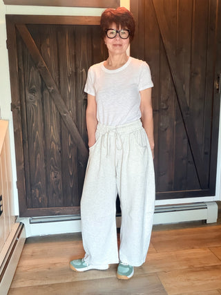 Jessie Cotton French Terry Barrel Leg Pants - Cloud Mist-BottomsJessie Barrel Leg Pants - Cloud Mist | VerClare Boutique-Shop the Jessie Cotton French Terry Barrel Leg Pants in Cloud Mist. Baggy barrel leg, elastic drawstring waist, front pockets, 85% cotton. Sizes S–L.-VerClare Boutique