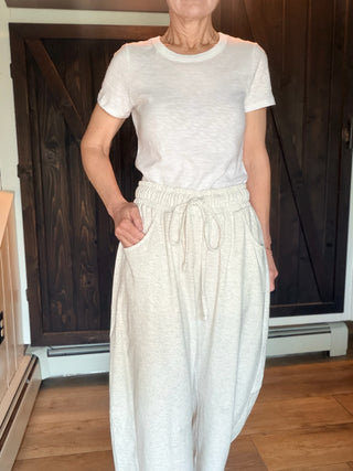 Jessie Cotton French Terry Barrel Leg Pants - Cloud Mist-BottomsJessie Barrel Leg Pants - Cloud Mist | VerClare Boutique-Shop the Jessie Cotton French Terry Barrel Leg Pants in Cloud Mist. Baggy barrel leg, elastic drawstring waist, front pockets, 85% cotton. Sizes S–L.-VerClare Boutique
