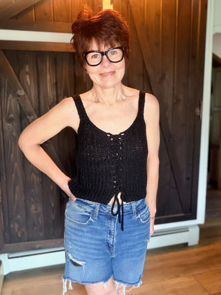 Tate Lace Up Sweater Top - Black-Tops CasualZ Supply Tate Lace Up Sweater Top - Black | VerClare Boutique-Shop the Z Supply Tate Lace Up Sweater Top in Black. Crochet knit, V-neck, lace-up front, cropped silhouette. Sizes XS–L. -VerClare Boutique