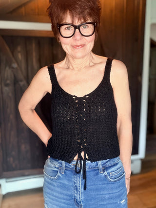 Tate Lace Up Sweater Top - Black-Tops CasualZ Supply Tate Lace Up Sweater Top - Black | VerClare Boutique-Shop the Z Supply Tate Lace Up Sweater Top in Black. Crochet knit, V-neck, lace-up front, cropped silhouette. Sizes XS–L. -VerClare Boutique