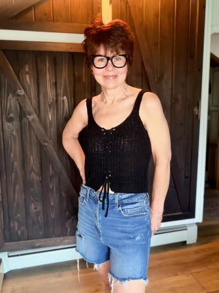 Tate Lace Up Sweater Top - Black-Tops CasualZ Supply Tate Lace Up Sweater Top - Black | VerClare Boutique-Shop the Z Supply Tate Lace Up Sweater Top in Black. Crochet knit, V-neck, lace-up front, cropped silhouette. Sizes XS–L. -VerClare Boutique