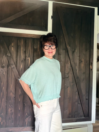Carlisle Lightweight Knit Mock Neck Short Sleeve Sweater-SweatersCarlisle Knit Mock Neck Short Sleeve Sweater in Ash Mint | VerClare Boutique-Shop the &merci Carlisle lightweight knit mock neck sweater in Ash Mint — short sleeves, rolled hem, relaxed fit. Sizes S–L. $53.99 at VerClare Boutique.-VerClare Boutique