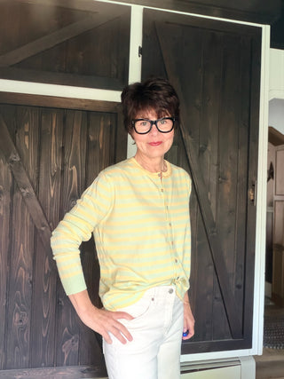 Margaret Kiwi Yellow Cardigan-Sweaters&merci Margaret Long Sleeve Knit Sweater – Kiwi Yellow | VerClare Boutique-Shop the &merci Margaret long sleeve round neck knit sweater in Kiwi Yellow — relaxed fit, rolled hem, cotton-viscose-nylon blend. Sizes S–L. $53.99 at VerClare Boutique.-VerClare Boutique