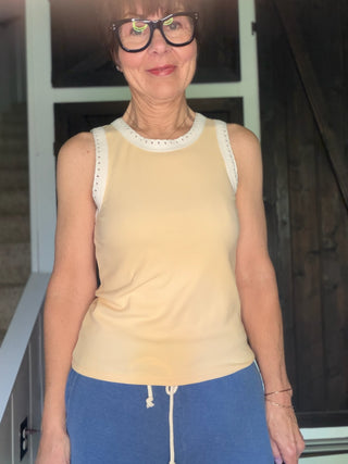 Clarke Rib Tank - Custard-Tops Basic SolidZ Supply Clarke Rib Tank – Custard | VerClare Boutique-Shop the Z Supply Clarke Rib Tank in Custard — feather rib knit, crochet trim, fitted silhouette. Soft, stretchy & feminine. Free US shipping on eligible orders.-VerClare Boutique