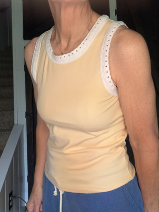 Clarke Rib Tank - Custard-Tops Basic SolidZ Supply Clarke Rib Tank – Custard | VerClare Boutique-Shop the Z Supply Clarke Rib Tank in Custard — feather rib knit, crochet trim, fitted silhouette. Soft, stretchy & feminine. Free US shipping on eligible orders.-VerClare Boutique