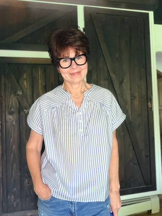 Harbor Morning Candy Stripe Blouse-Tops CasualCandy Stripe Cotton Blouse – Half-Button, Relaxed Fit | VerClare Boutique-Shop the In February Harbor Morning Candy Stripe Blouse — 100% woven cotton, half-button placket, drop shoulders & shirred yoke. Relaxed fit, sizes S–L. $42.99.-VerClare Boutique