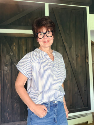 Harbor Morning Candy Stripe Blouse-Tops CasualCandy Stripe Cotton Blouse – Half-Button, Relaxed Fit | VerClare Boutique-Shop the In February Harbor Morning Candy Stripe Blouse — 100% woven cotton, half-button placket, drop shoulders & shirred yoke. Relaxed fit, sizes S–L. $42.99.-VerClare Boutique