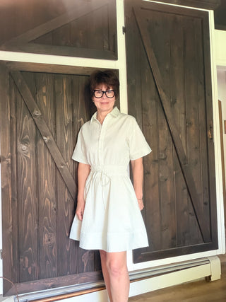 Maggie Everday Stripe Mini Dress-Dresses & RompersGreen & White Striped Mini Shirt Dress | VerClare Boutique-Shop our green & white striped collared mini shirt dress with half button front, elastic waist bow, short sleeves & side pockets. Perfect for office, weekend & vacation.-VerClare Boutique