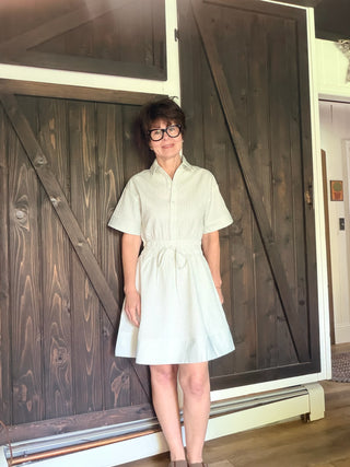 Maggie Everday Stripe Mini Dress-Dresses & RompersGreen & White Striped Mini Shirt Dress | VerClare Boutique-Shop our green & white striped collared mini shirt dress with half button front, elastic waist bow, short sleeves & side pockets. Perfect for office, weekend & vacation.-VerClare Boutique