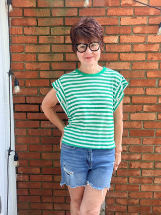 Alora Striped Short Sleeve Top - Green-Tops CasualVOY Alora Striped Short Sleeve Top - Green | VerClare Boutique-Shop the VOY Alora Striped Short Sleeve Top in Green. Soft knit blend, stripe detail, side button accents, relaxed everyday silhouette. Sizes S–L.-VerClare Boutique