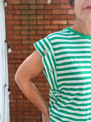 Alora Striped Short Sleeve Top - Green-Tops CasualVOY Alora Striped Short Sleeve Top - Green | VerClare Boutique-Shop the VOY Alora Striped Short Sleeve Top in Green. Soft knit blend, stripe detail, side button accents, relaxed everyday silhouette. Sizes S–L.-VerClare Boutique
