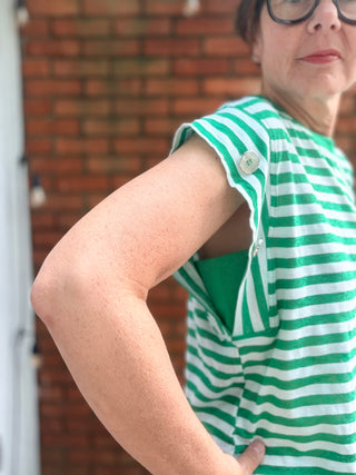 Alora Striped Short Sleeve Top - Green-Tops CasualVOY Alora Striped Short Sleeve Top - Green | VerClare Boutique-Shop the VOY Alora Striped Short Sleeve Top in Green. Soft knit blend, stripe detail, side button accents, relaxed everyday silhouette. Sizes S–L.-VerClare Boutique