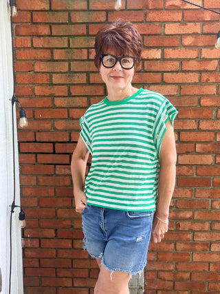 Alora Striped Short Sleeve Top - Green-Tops CasualVOY Alora Striped Short Sleeve Top - Green | VerClare Boutique-Shop the VOY Alora Striped Short Sleeve Top in Green. Soft knit blend, stripe detail, side button accents, relaxed everyday silhouette. Sizes S–L.-VerClare Boutique