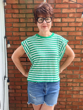 Alora Striped Short Sleeve Top - Green-Tops CasualVOY Alora Striped Short Sleeve Top - Green | VerClare Boutique-Shop the VOY Alora Striped Short Sleeve Top in Green. Soft knit blend, stripe detail, side button accents, relaxed everyday silhouette. Sizes S–L.-VerClare Boutique