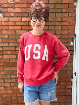 Jordan Long Sleeve USA - Red-SweatshirtsThread & Supply Jordan Long Sleeve USA Sweatshirt - Red | VerClare Boutique-Shop the Thread & Supply Jordan USA Sweatshirt in Red. Vintage distressed graphic, raglan sleeves, soft cotton blend. Sizes S–L. -VerClare Boutique