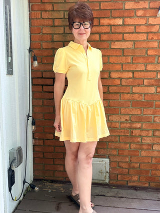 Cassie Pique Poly Shirt Dress - Yellow Cream-Dresses & Rompers&merci Cassie Pique Poly Shirt Dress - Yellow Cream | VerClare Boutique-Shop the &merci Cassie Pique Poly Shirt Dress in Yellow Cream. Polo-style shirt dress with attached nylon skirt, built-in bodysuit, puff sleeves. Sizes S–L.-VerClare Boutique