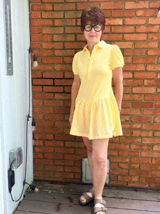 Cassie Pique Poly Shirt Dress - Yellow Cream-Dresses & Rompers&merci Cassie Pique Poly Shirt Dress - Yellow Cream | VerClare Boutique-Shop the &merci Cassie Pique Poly Shirt Dress in Yellow Cream. Polo-style shirt dress with attached nylon skirt, built-in bodysuit, puff sleeves. Sizes S–L.-VerClare Boutique