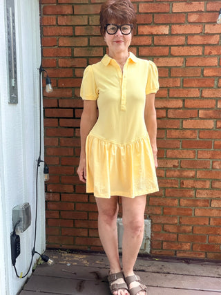 Cassie Pique Poly Shirt Dress - Yellow Cream-Dresses & Rompers&merci Cassie Pique Poly Shirt Dress - Yellow Cream | VerClare Boutique-Shop the &merci Cassie Pique Poly Shirt Dress in Yellow Cream. Polo-style shirt dress with attached nylon skirt, built-in bodysuit, puff sleeves. Sizes S–L.-VerClare Boutique