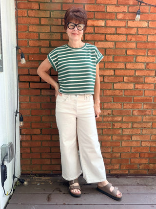 Julissa Striped Short Sleeve Top - Vanilla Green-Tops CasualEE:SOME Julissa Striped Short Sleeve Top - Vanilla Green | VerClare Boutique-Shop the EE:SOME Julissa Striped Short Sleeve Top in Vanilla Green. Stretch knit, stripe detail, short sleeves, relaxed everyday silhouette. Sizes S–L.-VerClare Boutique
