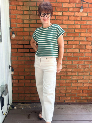 Julissa Striped Short Sleeve Top - Vanilla Green-Tops CasualEE:SOME Julissa Striped Short Sleeve Top - Vanilla Green | VerClare Boutique-Shop the EE:SOME Julissa Striped Short Sleeve Top in Vanilla Green. Stretch knit, stripe detail, short sleeves, relaxed everyday silhouette. Sizes S–L.-VerClare Boutique