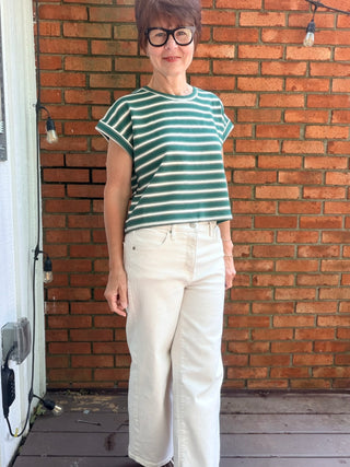 Julissa Striped Short Sleeve Top - Vanilla Green-Tops CasualEE:SOME Julissa Striped Short Sleeve Top - Vanilla Green | VerClare Boutique-Shop the EE:SOME Julissa Striped Short Sleeve Top in Vanilla Green. Stretch knit, stripe detail, short sleeves, relaxed everyday silhouette. Sizes S–L.-VerClare Boutique