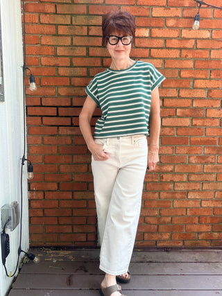 Julissa Striped Short Sleeve Top - Vanilla Green-Tops CasualEE:SOME Julissa Striped Short Sleeve Top - Vanilla Green | VerClare Boutique-Shop the EE:SOME Julissa Striped Short Sleeve Top in Vanilla Green. Stretch knit, stripe detail, short sleeves, relaxed everyday silhouette. Sizes S–L.-VerClare Boutique
