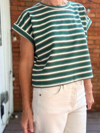Julissa Striped Short Sleeve Top - Vanilla Green-Tops CasualEE:SOME Julissa Striped Short Sleeve Top - Vanilla Green | VerClare Boutique-Shop the EE:SOME Julissa Striped Short Sleeve Top in Vanilla Green. Stretch knit, stripe detail, short sleeves, relaxed everyday silhouette. Sizes S–L.-VerClare Boutique