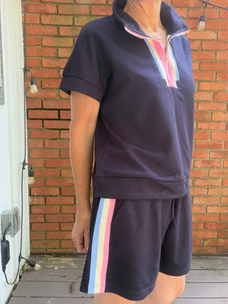 Novah Color Band Top & Shorts Sets - Navy-Tops CasualJODIFL Novah Color Band Top & Shorts Set - Navy | VerClare Boutique-Shop the JODIFL Novah Color Band Top & Shorts Set in Navy. Rayon-blend stretch knit, zip-up drop shoulder top, drawstring shorts, sporty matching set. Sizes S–L.-VerClare Boutique