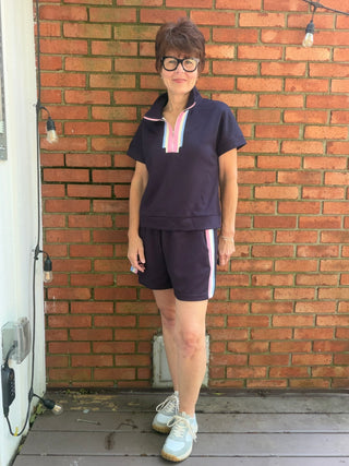 Novah Color Band Top & Shorts Sets - Navy-Tops CasualJODIFL Novah Color Band Top & Shorts Set - Navy | VerClare Boutique-Shop the JODIFL Novah Color Band Top & Shorts Set in Navy. Rayon-blend stretch knit, zip-up drop shoulder top, drawstring shorts, sporty matching set. Sizes S–L.-VerClare Boutique
