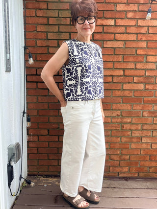 Zarina Tropical Print Sleeveless Top - Navy/Ivory-Tops Basic PrintSkies Are Blue Zarina Tropical Print Sleeveless Top - Navy/Ivory | VerClare Boutique-Shop the Skies Are Blue Zarina Tropical Print Sleeveless Top in Navy/Ivory. Viscose woven, tropical print, crew neck, breezy silhouette. Sizes XS–L.-VerClare Boutique