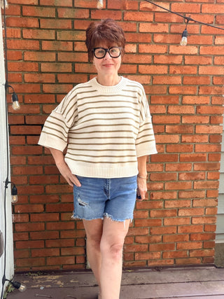Lorelei Striped Raw Edge Sweater - Olive-SweatersThe Workshop Lorelei Striped Raw Edge Sweater - Olive | VerClare Boutique-Shop The Workshop Lorelei Striped Raw Edge Sweater in Olive. Soft knit, raw edge detail, drop shoulders, stripe pattern, short sleeve, relaxed fit. Sizes S–L.-VerClare Boutique