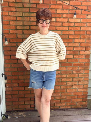 Lorelei Striped Raw Edge Sweater - Olive-SweatersThe Workshop Lorelei Striped Raw Edge Sweater - Olive | VerClare Boutique-Shop The Workshop Lorelei Striped Raw Edge Sweater in Olive. Soft knit, raw edge detail, drop shoulders, stripe pattern, short sleeve, relaxed fit. Sizes S–L.-VerClare Boutique