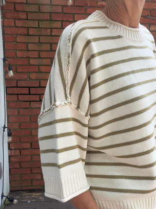 Lorelei Striped Raw Edge Sweater - Olive-SweatersThe Workshop Lorelei Striped Raw Edge Sweater - Olive | VerClare Boutique-Shop The Workshop Lorelei Striped Raw Edge Sweater in Olive. Soft knit, raw edge detail, drop shoulders, stripe pattern, short sleeve, relaxed fit. Sizes S–L.-VerClare Boutique
