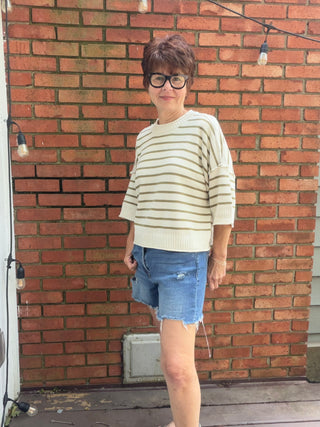 Lorelei Striped Raw Edge Sweater - Olive-SweatersThe Workshop Lorelei Striped Raw Edge Sweater - Olive | VerClare Boutique-Shop The Workshop Lorelei Striped Raw Edge Sweater in Olive. Soft knit, raw edge detail, drop shoulders, stripe pattern, short sleeve, relaxed fit. Sizes S–L.-VerClare Boutique