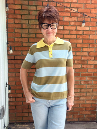 Dara Striped Polo - Blue Sage-Tops Casual&merci Dara Blue Sage Striped Polo Shirt | VerClare Boutique-Shop the &merci Dara Striped Polo in Blue Sage. Lightweight viscose-blend knit, vertical stripes, button collar, relaxed silhouette. Sizes S–L.-VerClare Boutique