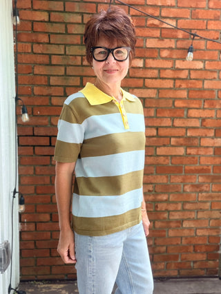 Dara Striped Polo - Blue Sage-Tops Casual&merci Dara Blue Sage Striped Polo Shirt | VerClare Boutique-Shop the &merci Dara Striped Polo in Blue Sage. Lightweight viscose-blend knit, vertical stripes, button collar, relaxed silhouette. Sizes S–L.-VerClare Boutique