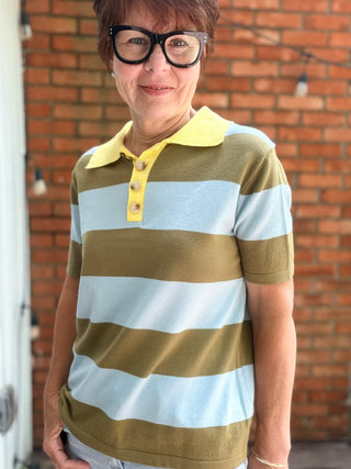 Dara Striped Polo - Blue Sage-Tops Casual&merci Dara Blue Sage Striped Polo Shirt | VerClare Boutique-Shop the &merci Dara Striped Polo in Blue Sage. Lightweight viscose-blend knit, vertical stripes, button collar, relaxed silhouette. Sizes S–L.-VerClare Boutique