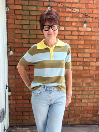 Dara Striped Polo - Blue Sage-Tops Casual&merci Dara Blue Sage Striped Polo Shirt | VerClare Boutique-Shop the &merci Dara Striped Polo in Blue Sage. Lightweight viscose-blend knit, vertical stripes, button collar, relaxed silhouette. Sizes S–L.-VerClare Boutique