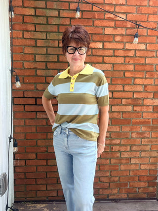 Dara Striped Polo - Blue Sage-Tops Casual&merci Dara Blue Sage Striped Polo Shirt | VerClare Boutique-Shop the &merci Dara Striped Polo in Blue Sage. Lightweight viscose-blend knit, vertical stripes, button collar, relaxed silhouette. Sizes S–L.-VerClare Boutique