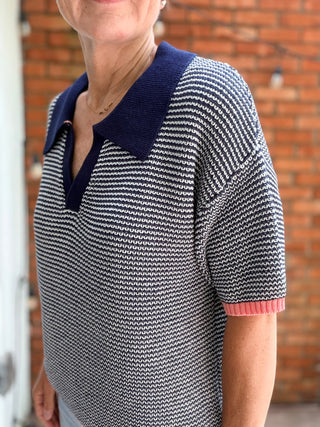 Calista Striped Polo Sweater - Navy Peach-SweatersSkies Are Blue Calista Striped Polo Sweater - Navy Peach | VerClare Boutique-Shop the Skies Are Blue Calista Striped Polo Sweater in Navy Peach. 100% cotton knit, polo collar, navy micro-stripe, peach contrast ribbing. Sizes XS–L.-VerClare Boutique