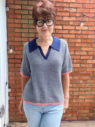 Calista Striped Polo Sweater - Navy Peach-SweatersSkies Are Blue Calista Striped Polo Sweater - Navy Peach | VerClare Boutique-Shop the Skies Are Blue Calista Striped Polo Sweater in Navy Peach. 100% cotton knit, polo collar, navy micro-stripe, peach contrast ribbing. Sizes XS–L.-VerClare Boutique