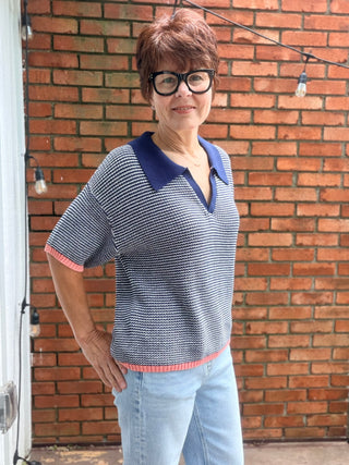 Calista Striped Polo Sweater - Navy Peach-SweatersSkies Are Blue Calista Striped Polo Sweater - Navy Peach | VerClare Boutique-Shop the Skies Are Blue Calista Striped Polo Sweater in Navy Peach. 100% cotton knit, polo collar, navy micro-stripe, peach contrast ribbing. Sizes XS–L.-VerClare Boutique