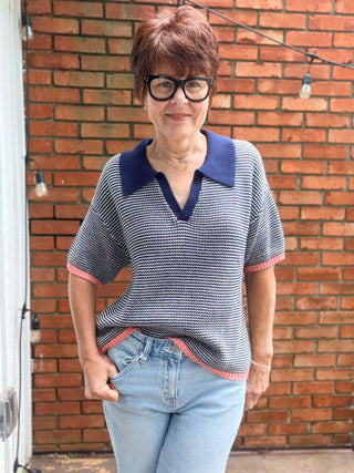 Calista Striped Polo Sweater - Navy Peach-SweatersSkies Are Blue Calista Striped Polo Sweater - Navy Peach | VerClare Boutique-Shop the Skies Are Blue Calista Striped Polo Sweater in Navy Peach. 100% cotton knit, polo collar, navy micro-stripe, peach contrast ribbing. Sizes XS–L.-VerClare Boutique