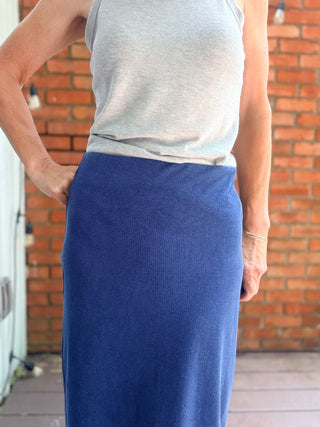 Gail Jersey Denim Midi Skirt - Indigo-BottomsZ Supply Gail Jersey Denim Midi Skirt - Indigo | VerClare Boutique-Shop the Z Supply Gail Jersey Denim Midi Skirt in Indigo — soft 100% cotton jersey knit with a body-skimming silhouette, elastic waist, and mineral wash finish. Free US shipping.-VerClare Boutique