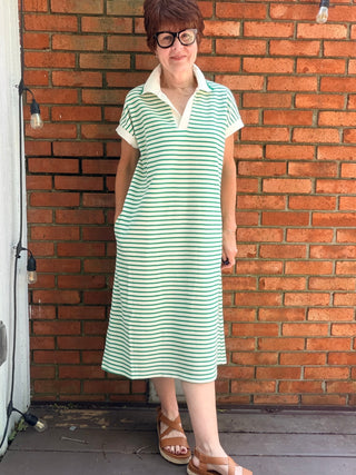 Devyn Striped Collared Midi Dress - Green-Dresses & RompersSHE + SKY Devyn Striped Collared Midi Dress - Green | VerClare Boutique-Shop the SHE + SKY Devyn Striped Collared Midi Dress in Green. Soft stretch knit, stripe pattern, collared neck, drop sleeves, pockets, midi length. Sizes S–L.-VerClare Boutique