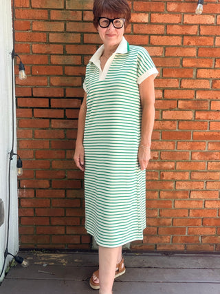 Devyn Striped Collared Midi Dress - Green-Dresses & RompersSHE + SKY Devyn Striped Collared Midi Dress - Green | VerClare Boutique-Shop the SHE + SKY Devyn Striped Collared Midi Dress in Green. Soft stretch knit, stripe pattern, collared neck, drop sleeves, pockets, midi length. Sizes S–L.-VerClare Boutique
